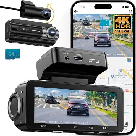 Dash Cam Front/Rear 4K GPS WiFi 3.39in IPS