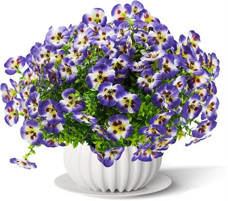 10 Bundles Artificial Pansy Flowers, Faux Shrubs with White-Purple Blooms