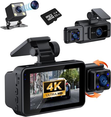 Dashcam 1080p avant/intérieur 32 Go WDR vision nuit écran 3"