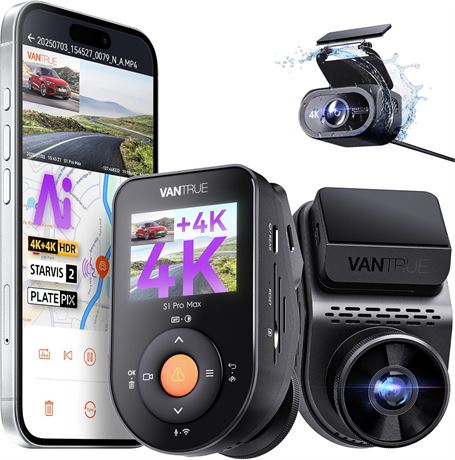 Vantrue S1 Pro Max 4K+4K Dash Cam Front/Rear, Dual 2160P, STARVIS HDR, ADAS