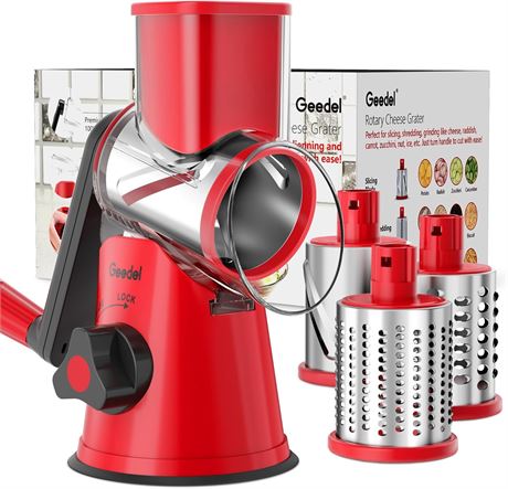 Geedel Rotary Cheese Grater with 3 Interchangeable Blades - Vegetable Slicer