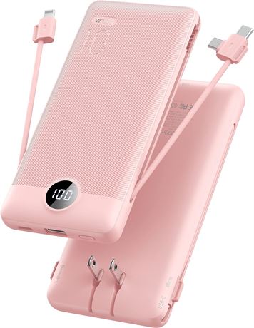 VRURC 10000mAh Portable Charger with Built-in Cables, AC Wall Plug, 5 Output