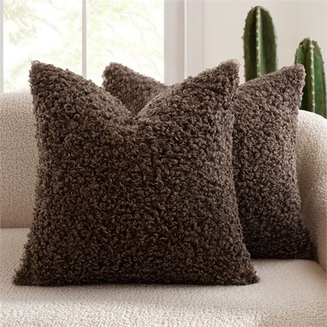 MIULEE Pack of 2 Faux Fur Throw Pillow Covers 18x18 Chocolate Boucle Sherpa