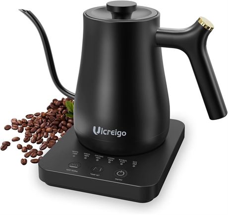 Ulcreigo Gooseneck Electric Kettle – Temp Control, 5 Presets, Black
