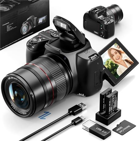 64MP Digital Camera 12X Optical Zoom Macro 4K Autofocus Vlogging Camera Black