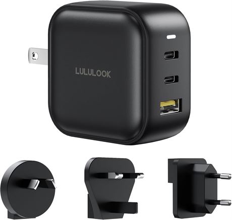 LULULOOK Chargeur USB C 65W GaN 3 Ports Adaptateur Rapide Voyage MacBook Dell