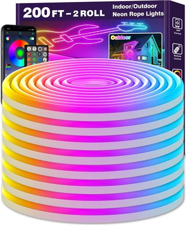 Led 200FT Neon Rope Lights, Flexible, App/Remote, RGB Waterproof, IP65
