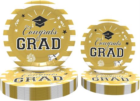 Graduation Plates, 48 Pack Striped Disposable Plates, Congrats Grad, Yellow