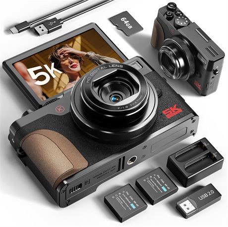 NBD 64MP 5K Camera, Autofocus, 18x Zoom, Anti-Shake, 64GB & 2 Batteries