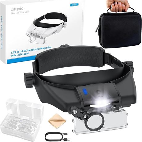 eSynic Loupe frontale rechargeable avec lumi re, fixation t te, 5 verres