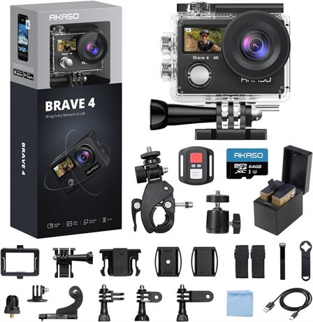AKASO Brave 4 4K30fps Action Camera 20MP 64GB SD Waterproof EIS Bundle