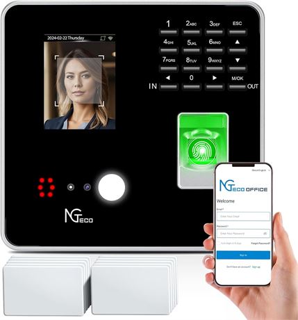 NGTeco Cloud-Based Time Clock, 2.4GHz WiFi, Remote Access, RFID Cards