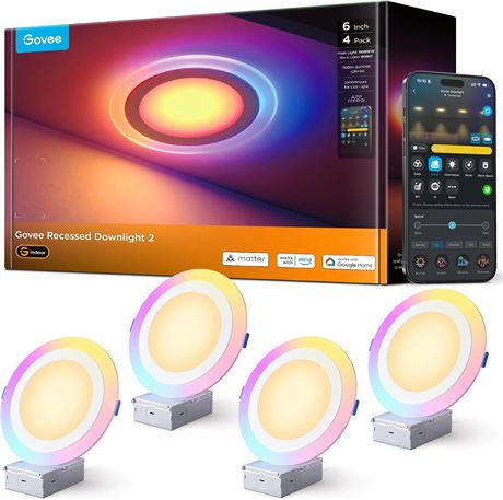 Govee Smart Recessed Pot Lights, RGBIC 6in LED Dimmable Downlight, 2-Pack
