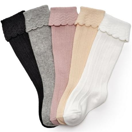 CozyWay Ruffled Toddler Knee High Socks, 5 Pack, Pastel Colors, Ages 1-3