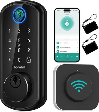 Hornbill Smart WiFi Door Lock, Fingerprint Keypad Bluetooth Deadbolt Black