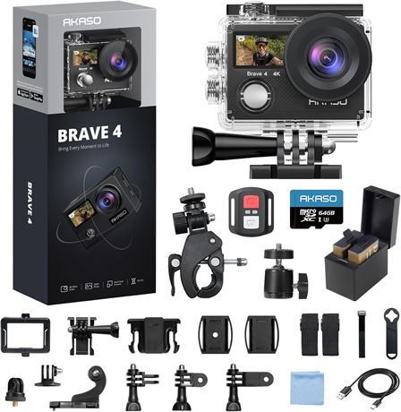 AKASO Brave 4 4K30 Action Camera with 64GB Card, 20MP, EIS, 30m Waterproof