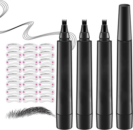 3Pcs Eyebrow Tattoo Pen, 4-Point Microblading Pencil, 24 Stencils (Black)
