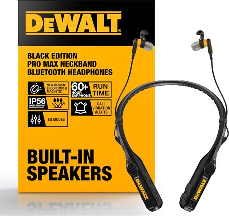 DEWALT 2-in-1 Neckband Bluetooth Headphones w/Built-in Speakers, 60+ hrs