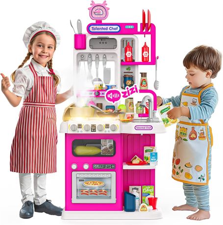 96PCS Kids Kitchen Playset with Sound & Light, Stove, Oven, Sink, Pink