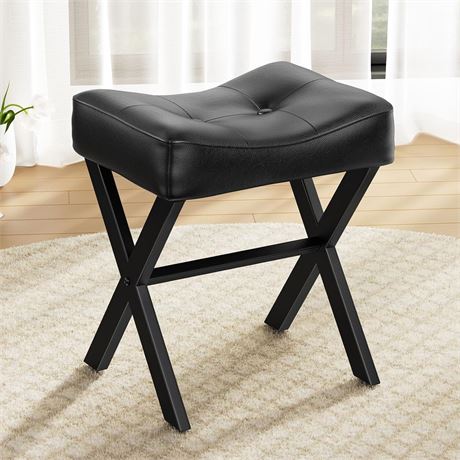 18-Inch Leather Vanity Stool with Metal X-Leg and Padded Saddle Seat Black