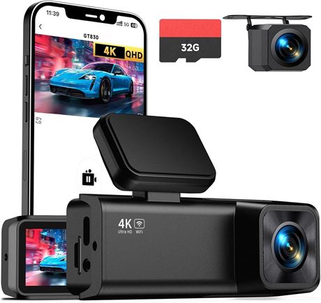 Front & Rear Dash Camera 4K+1080P Dual Channel Night Vision 2" IPS Screen