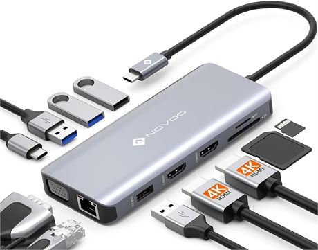 NOVOO USB-C Docking Station, Triple Monitor, 2x HDMI 4K, VGA, 100W PD, 4 USB