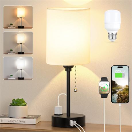 Bedside Table Lamp with 3 Color Temps, USB-C/USB-A, Pull Chain, AC Outlet