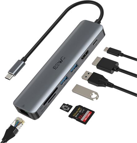 Hub USB-C JESWO 7-en-1, HDMI 4K60, Ethernet, PD, SD/TF