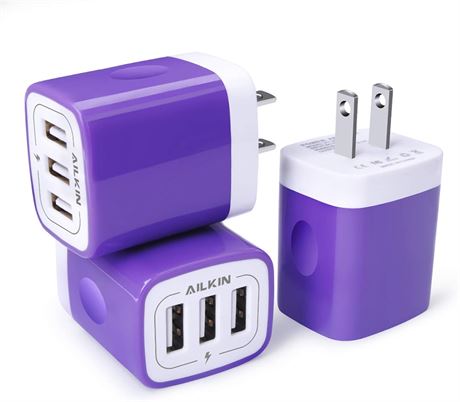 AILKIN 3 Pack USB Wall Charger, 3-Port Fast Charging Cube for iPhone, Galaxy