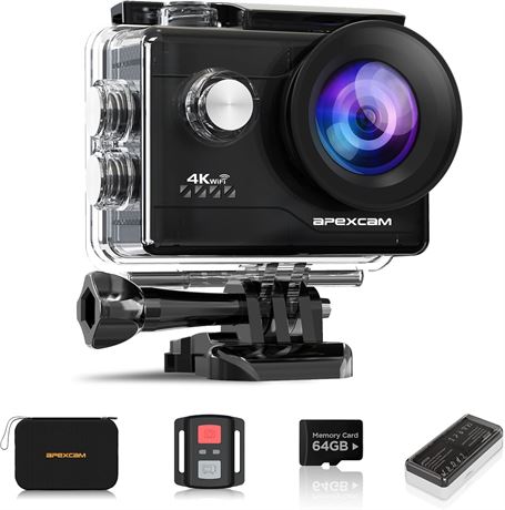 Apexcam 4K60 Action Camera 64GB Card Waterproof 40m LCD 2.0' 2x1350mAh