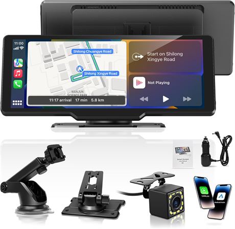 Portable CarPlay Screen, 10" Wireless Car Screen, Android Auto, GPS