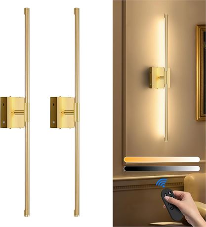 Wall Sconces Set 2 Rechargeable Remote 3-Color Dimmable 8000mAh Gold
