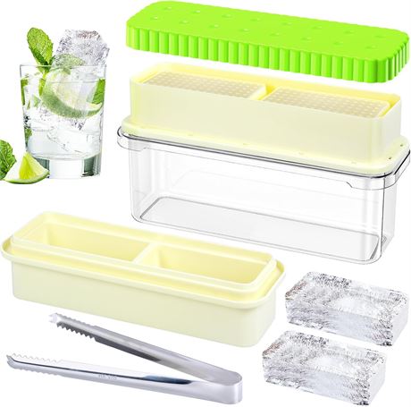 Ice Cube Tray with Lid and Bin, Large 2-Pack (Green) for Freezer