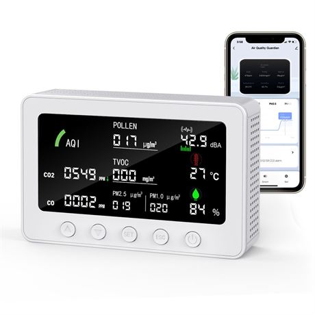 Air Quality Monitor 7" Display CO CO2 TVOC PM2.5 AQI Temp Humidity Tester White