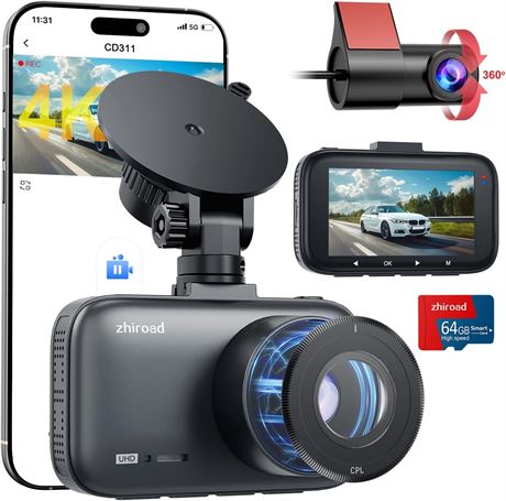 4K Dash Cam Front & Rear with CPL Filter, 2-Channel, WiFi, 64GB Card