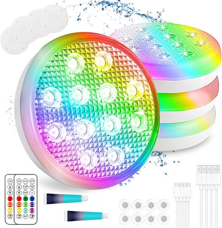 TEPENAR 4 Pack Rechargeable Pool Lights, IP68 Waterproof, 16 Colors Remote