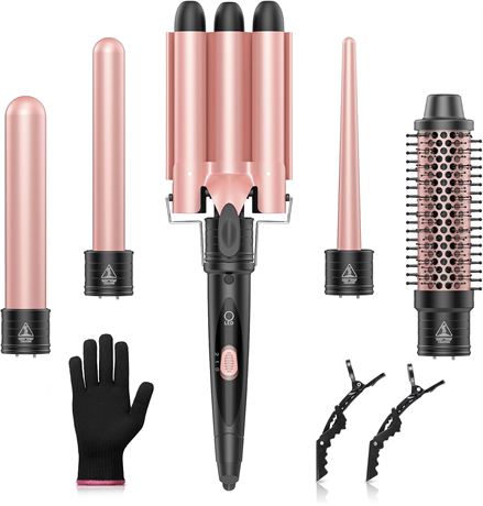 5-in-1 Curling Wand Set: 3-Barrel Iron, Ceramic Barrels, Thermal Brush
