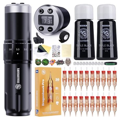 Dragonhawk Wireless Tattoo Gun Kit, 7 Strokes, 2.4-4.2mm Cartridges