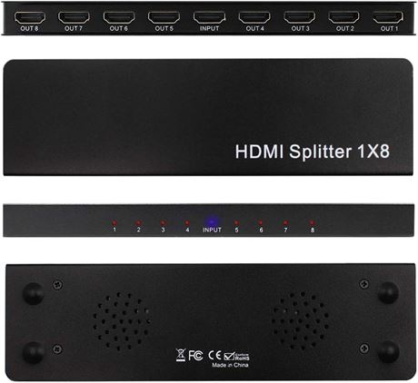 4K 1x8 HDMI Splitter, Powered 8-Way HDMI Distributor with Charger, 4K/3D