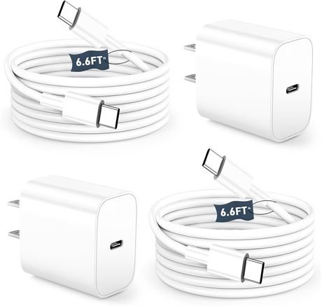 2-Pack 20W USB-C Charger + 6.6ft Cable for iPhone 17/16/15/Pixel 8/7/6, White