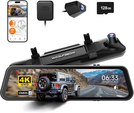 WOLFBOX G900 Pro 12" 4K/2.5K Mirror Dash Cam with GPS 128GB Card