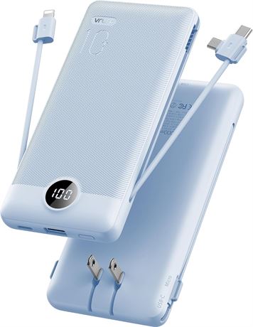 VRURC Portable Charger with Cables & AC Plug, 10000mAh Power Bank, Blue