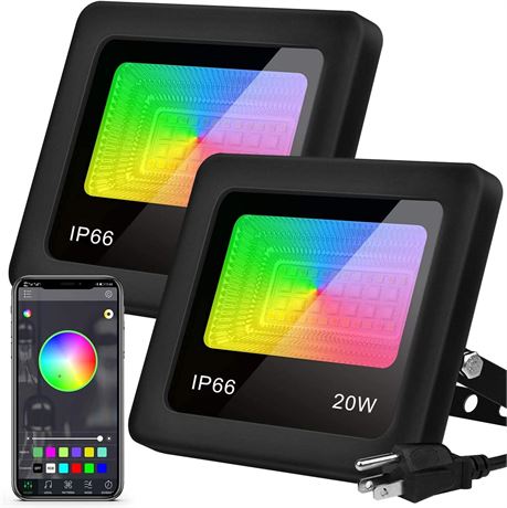 20W 2-Pack LED RGB Floodlight with Bluetooth, Dimmable RGBW Color Changing, 16M