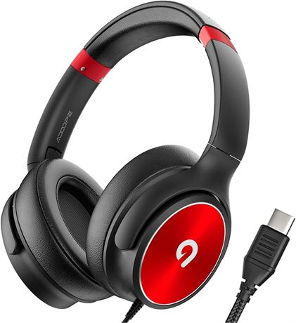 USB-C Kids Headphones with Mic, 93dB Volume Limit, Foldable Black & Red