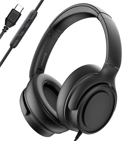 Wired USB-C Over-Ear Headphones, Hi-Fi Stereo, Noise-Isolating, Black
