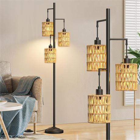 3-Light Rattan Floor Lamps with On/Off Switch, Boho Wood Lampshades (3 pcs)