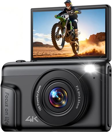 4K Digital Vlogging Camera, 64MP, Flip Screen, 16X Zoom - Gift