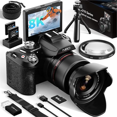 NBD 8K Digital Camera, 64MP, 16X Zoom, 180  Flip Screen