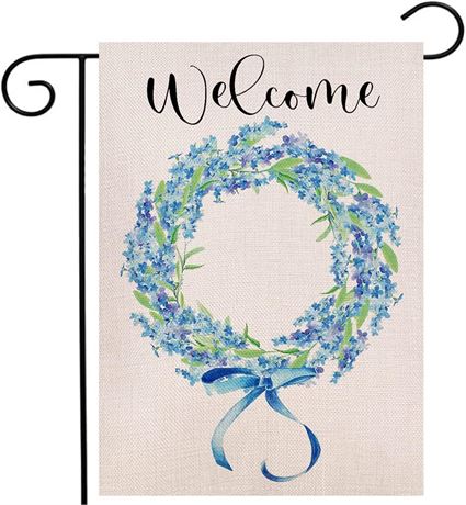 Forget Me Not Wreath Welcome Garden Flag, Vertical Double-Sided, 12.5x18 in