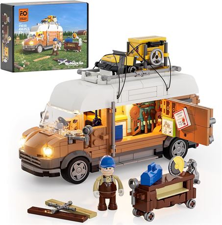 FUNWHOLE Carpentry Van Lighting Building-Bricks Set Woodworker Car 496 Pcs